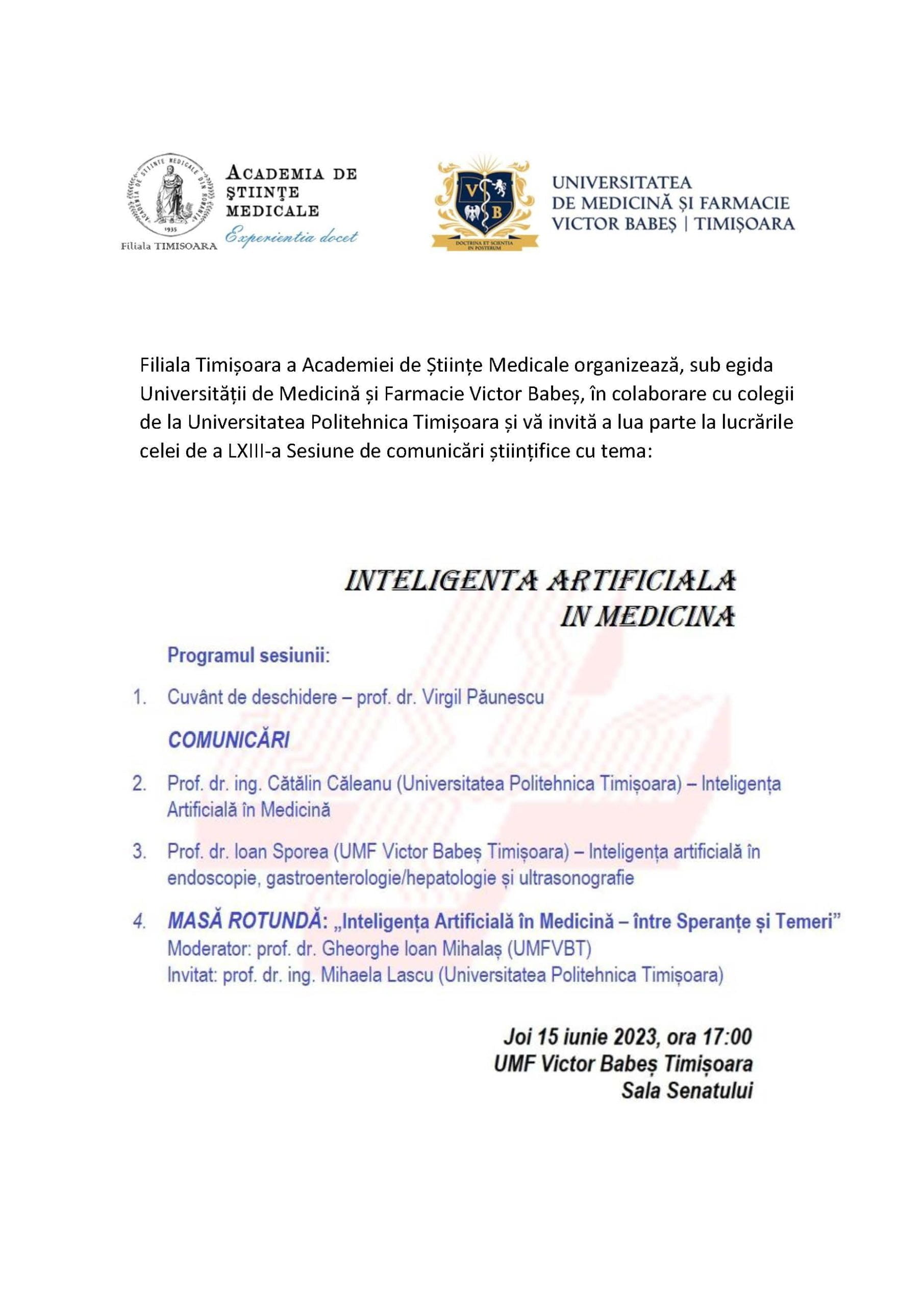 Afis_Inteligența Artificială – Aplicații în Medicină_academie_2023