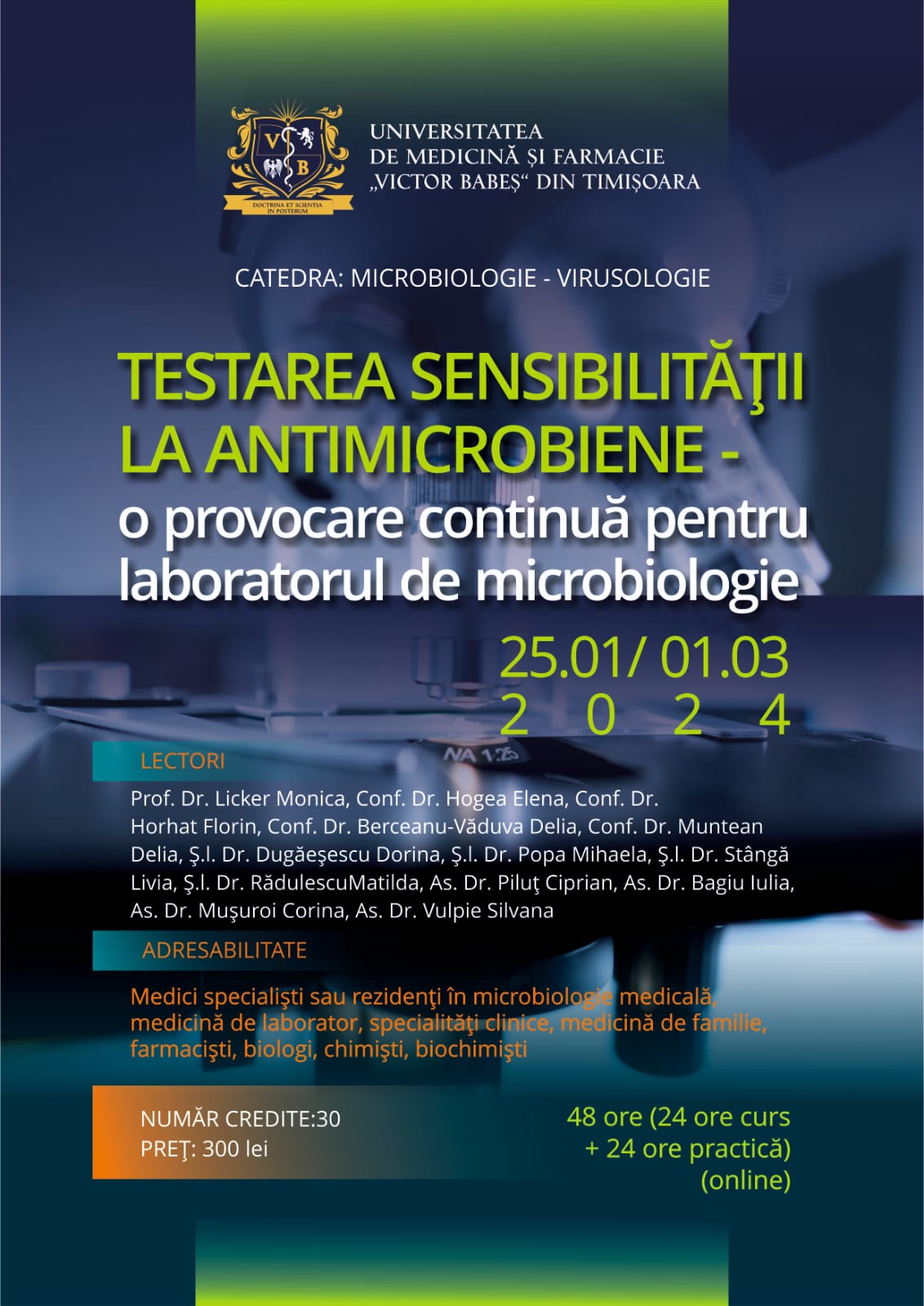 afis CURS POSTUNIVERSITAR_Testarea sensibilitatii la antimicrobiene_25.01-01.03.2024