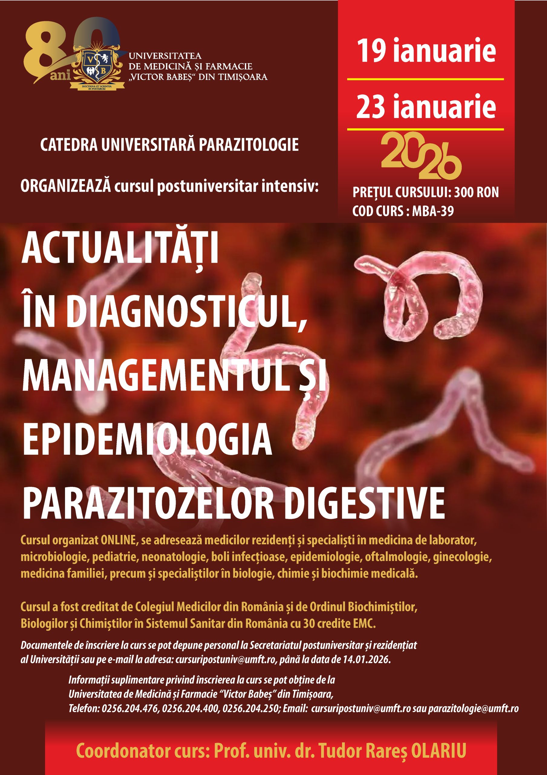 Afis Curs postuniversitar_Actualități în diagnosticul, managementul și epidemiologia parazitozelor digestive_19-23.01.2026